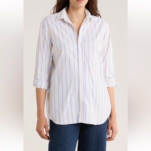 Frank & Eileen Boyfriend Cotton Button-Up Shirt Beige White Blue Stripe NEW SZ S
